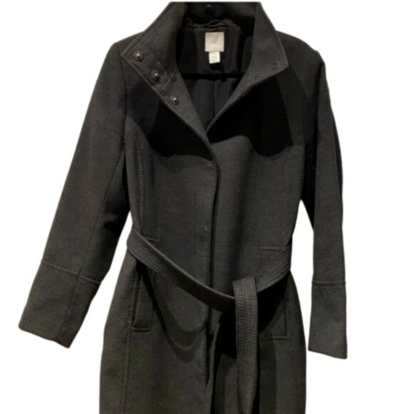 H&M Long Below Knee Tie Waist Belted Snap Closure High Neck Trench Wool Coat S - Picture 4 of 4